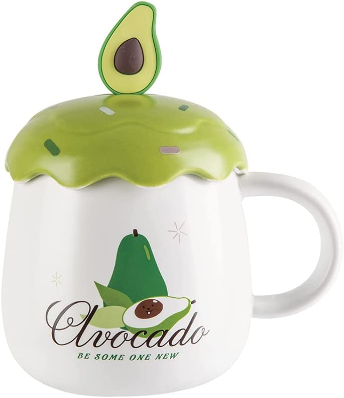Photo 1 of Ceramic Mug Coffee Cup porcelain cup With Lid Spoon And Handle-Avocado Creative Funny Cartoon Water Cup, Tea Cup, Soup, Latte, Milk, Cappuccino ,Dishwasher Cleaning, High Temperature Resistanc
