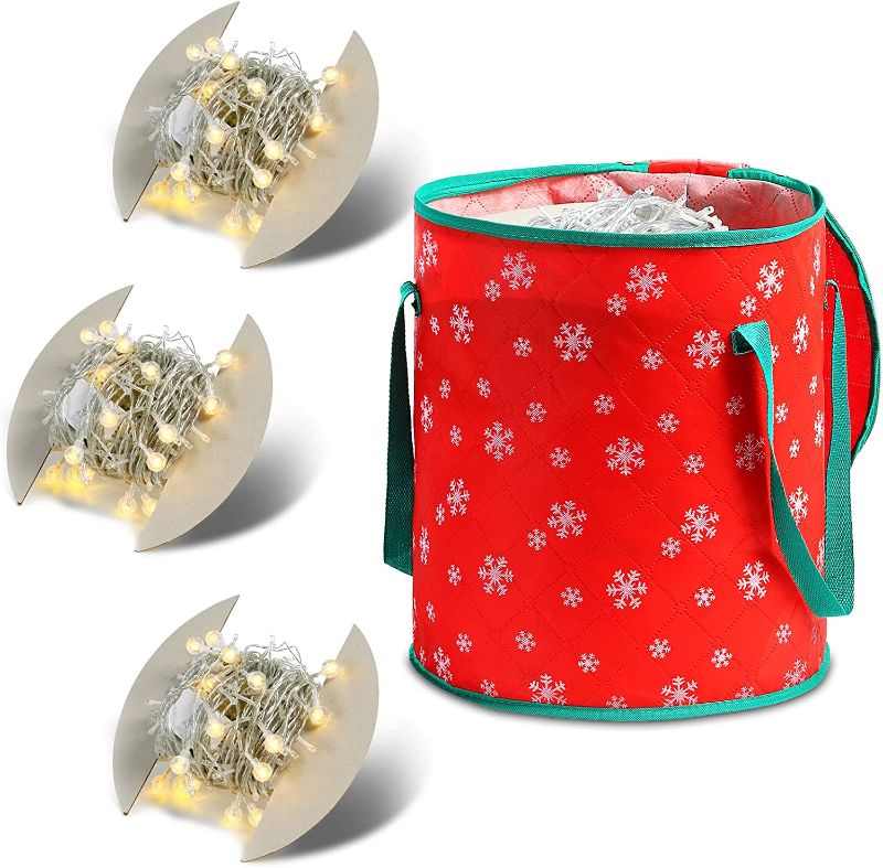 Photo 1 of Christmas Light Storage Bag with 3 Cardboard Wraps [1-pack] Thickened Holiday Xmas Lights Bulbs Storage Bags with Dual Zippered Closure (Red, 1)
