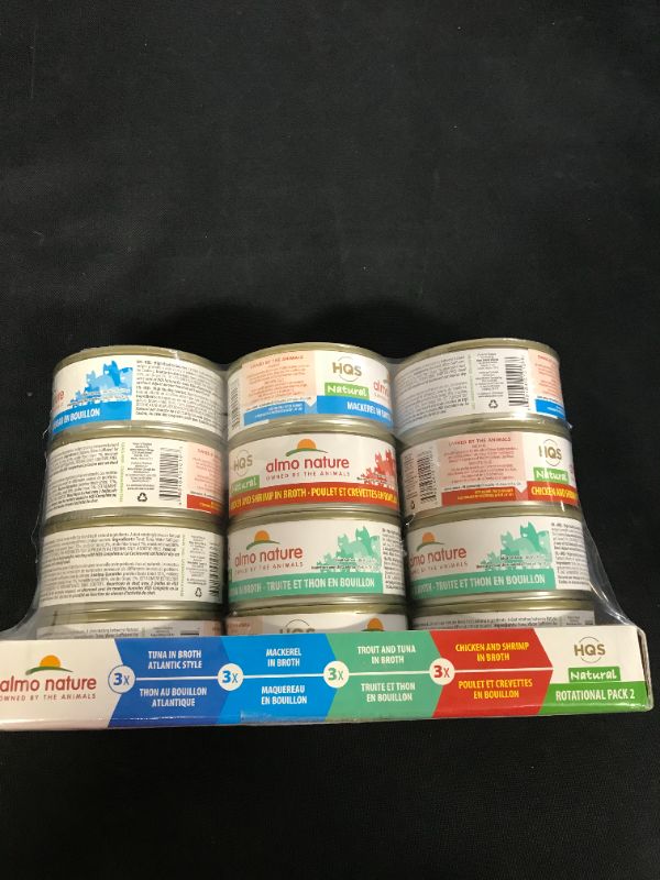 Photo 2 of (12 Pack) Almo Nature HQS Natural Variety Pack Grain Free Recipes in Broth Atlantic Tuna Mackerel Chicken & Shrimps Trout & Tuna Wet Cat Food 2.4  ---- EXP 05/2023