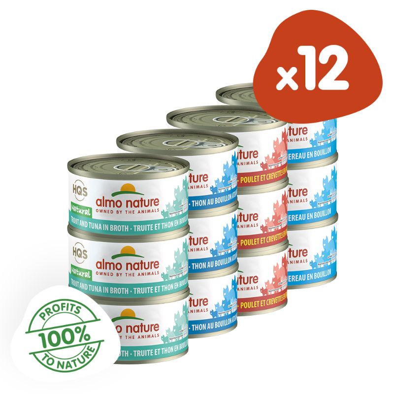 Photo 1 of (12 Pack) Almo Nature HQS Natural Variety Pack Grain Free Recipes in Broth Atlantic Tuna Mackerel Chicken & Shrimps Trout & Tuna Wet Cat Food 2.4  ---- EXP 05/2023