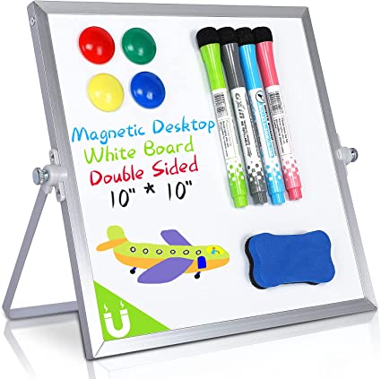 Photo 1 of Magnetic Desktop Dry Erase White Board, 10"X10"- Double Side Small Magnetic White Board with Stand for Kids/Student, 4 Markers, 4 Magnets & Eraser, Portable/Foldable Whiteboard for Home/School/Office
