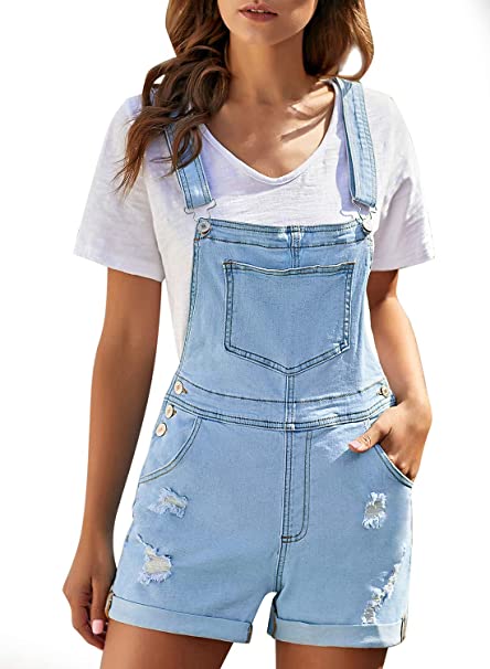 Photo 1 of Vetinee Womens Pocket Denim Overalls Shorts Adjustable Cuffed Hem Jean Shortalls medium
