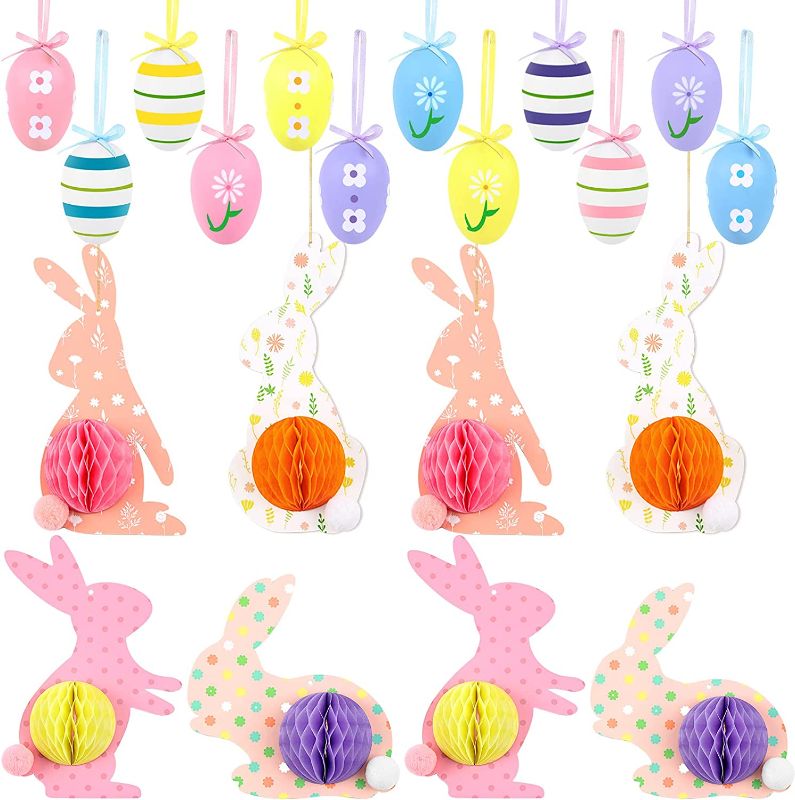 Photo 1 of 20 Pieces Easter Bunny Decorations Easter Hanging Eggs Colorful Rabbit with 3D Paper Craft Honeycomb Ball Colorful Foam Easter Egg for Easter Tree Decorations Easter Party Theme Favors Supplies
