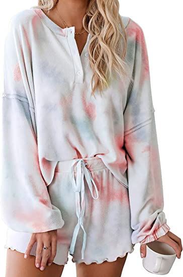 Photo 1 of BTFBM Women Pajamas Tie Dye Print Long Sleeve Shirt Elastic Drawstring Shorts Pant PJ Set Sleepwear Loungewear Nightgown Small