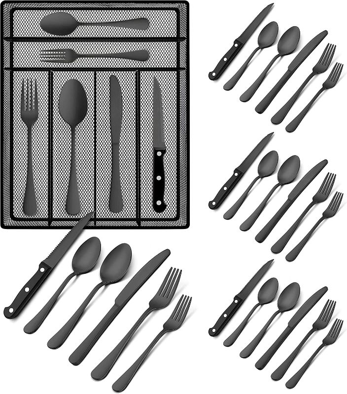 Photo 1 of 
Teivio 24 Piece Silverware Set, Flatware Utensils Set Mirror Polished, Dishwasher Safe Service for 4, Include Knife/Fork/Spoon/Steak Knife/Wire Mesh Steel Cutlery Holder Storage Trays (Matte Black)
