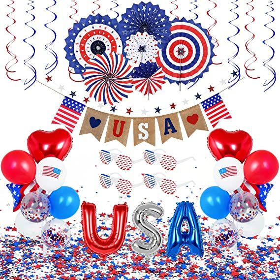 Photo 1 of 4th of July Decorations Patriotic Party Supplies Party Decorations 46 Pcs Includes Foldable Paper Fans, Latex and Aluminum Film Balloons Party Decor for Independence Day