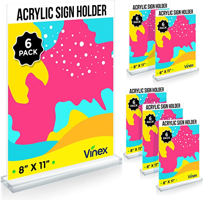 Photo 1 of Vinex Supplies 6 pack Acrylic Sign Holder 8.5 x 11, Plastic Paper Holder and Sign Stand, Menu Holder and Poster Holder Acrylic Display Stand