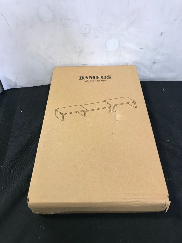 Photo 1 of BAMEOS Dual Monitor Stand, Monitor Riser with Adjustable Length and Angle Shelf, 36 Inches Large Size Multiple Screen STAND with Shelves for Computer, Laptop & Printer Light Wood
