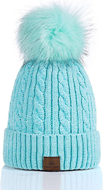 Photo 1 of PAGE ONE Women Winter Pom Pom Beanie Hats Warm Fleece Lined,Chunky Trendy Cute Chenille Knit Twist Cap, Lake Blue