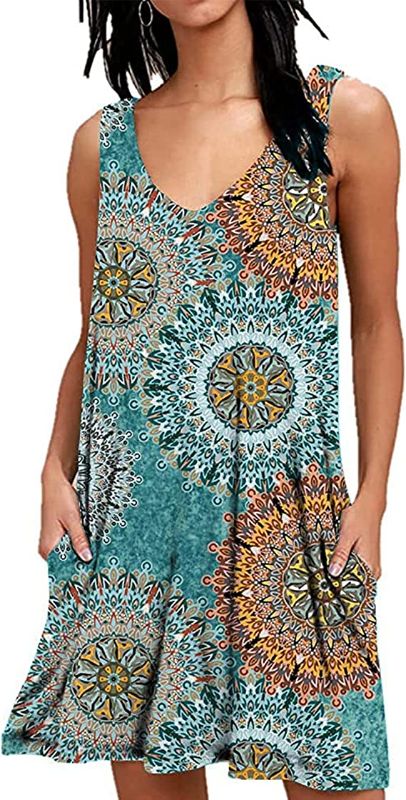 Photo 1 of Chalier Womens Summer Dresses Casual Sleeveless Swing Dress with Pockets V Neck Shirt Beach Cover Ups Tank, Green, Small