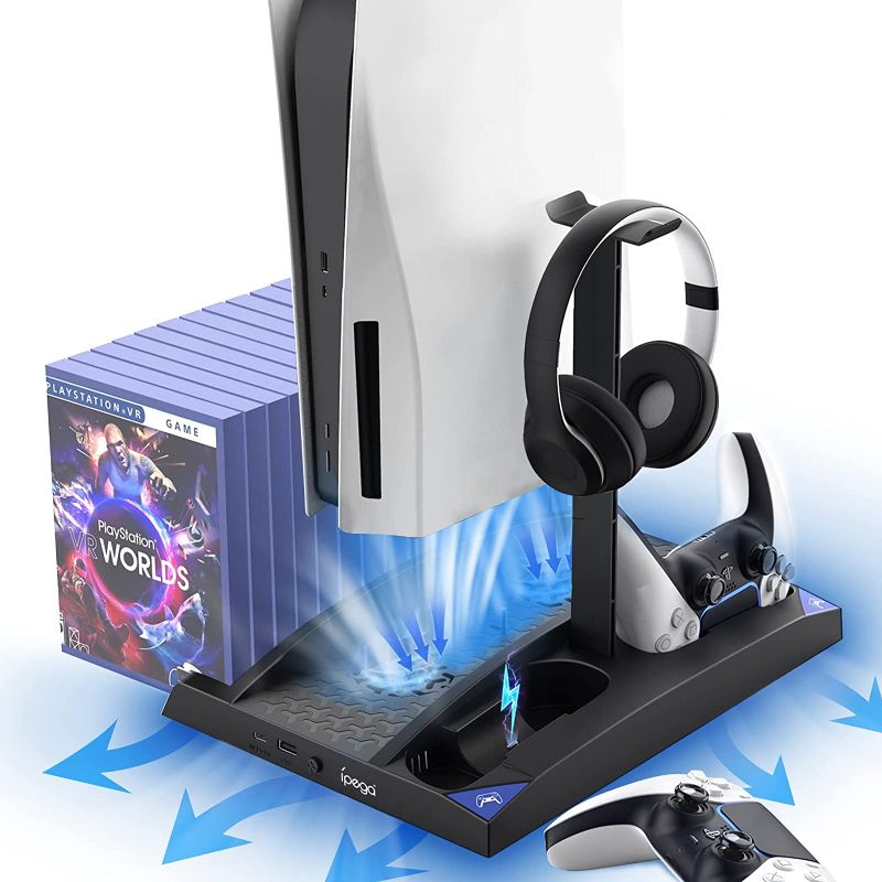 Photo 1 of Goluodck PS5 Accessories Horizontal Stand with Upgrade Low Noise Cooling Fan Station & Dual Controllers Charger & Headset Holder for PS5 Disc & Digital Editions ,17 Game Rack Organizer, Black
FACTORY SEALED