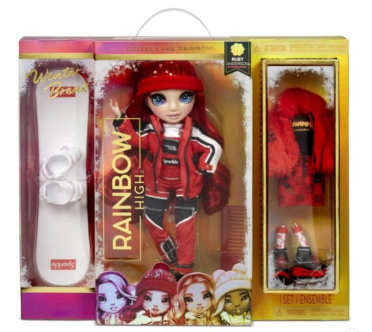Photo 1 of 3Pack Rainbow High Winter Break Ruby Anderson – Red Fashion Doll and Playset with 2 Designer Outfits, Snowboard and Accessories--Item Dimensions LxWxH	3.2 x 14 x 12 inches------factory sealed-----

