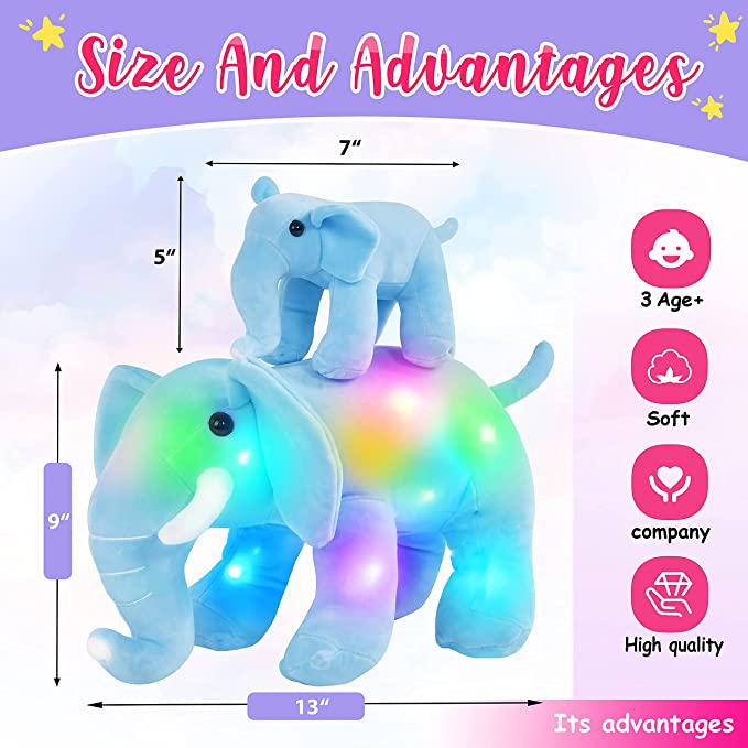 Photo 2 of Athoinsu Light up Stuffed Musical Elephant Plush Mother Baby Singing Animals with LED Night Lights Glowing Toys Wildlife Birthday for Toddler Kids,Blue,13’’----factory sealed