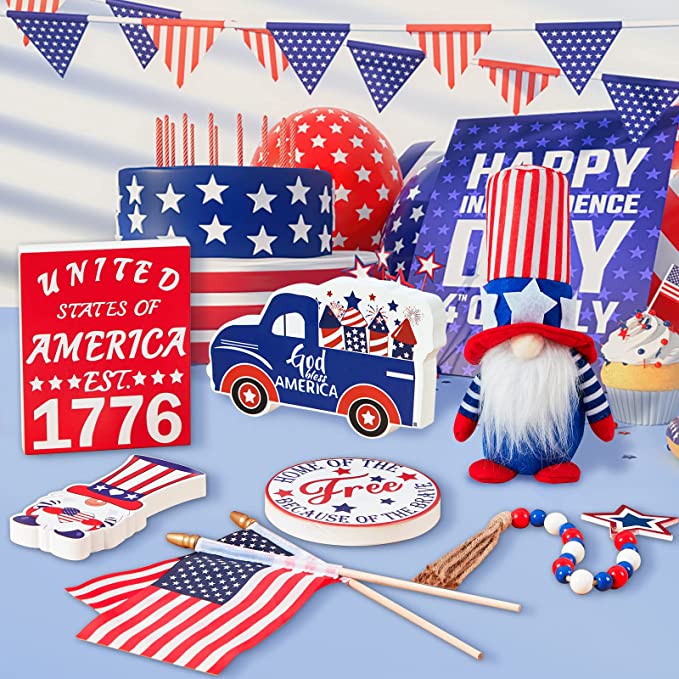 Photo 1 of 4th of July Decorations Tiered Tray Decor, Patriotic Decorations 3D Wood Sign Fourth of July Decorations for American Independence Memorial Day Kitchen Home Party Decor (8 PCS)----factory sealed