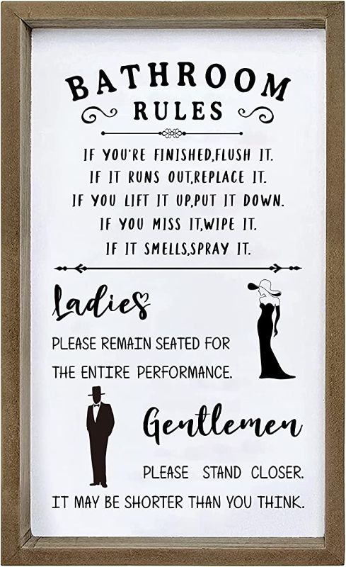 Photo 1 of Bathroom Rules Wall Decor, Farmhouse Bathroom Wall Art Decor, Funny Bathroom Wood Framed Decor Signs, Rustic Bathroom Wall Decor 16x9.5 Inches
