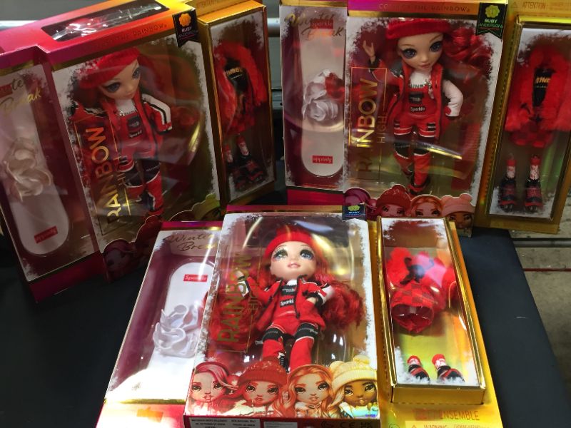 Photo 5 of 3 pack---Rainbow High Winter Break Ruby Anderson – Red Fashion Doll and Playset with 2 Designer Outfits, Snowboard and Accessories---------new factory sealed
