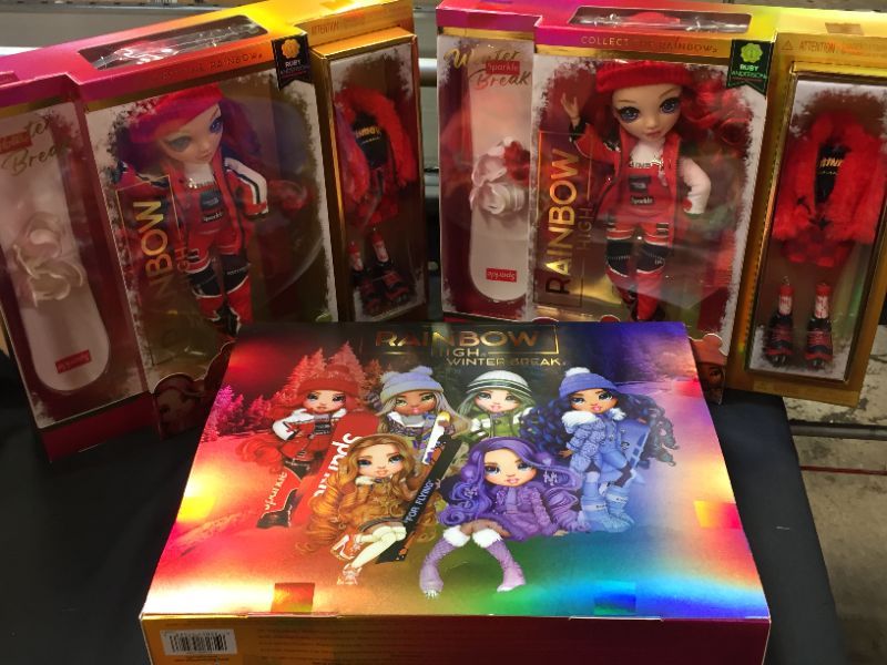 Photo 1 of 3 pack---Rainbow High Winter Break Ruby Anderson – Red Fashion Doll and Playset with 2 Designer Outfits, Snowboard and Accessories---------new factory sealed
