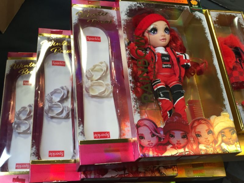 Photo 1 of 3 pack---Rainbow High Winter Break Ruby Anderson – Red Fashion Doll and Playset with 2 Designer Outfits, Snowboard and Accessories---------new factory sealed
