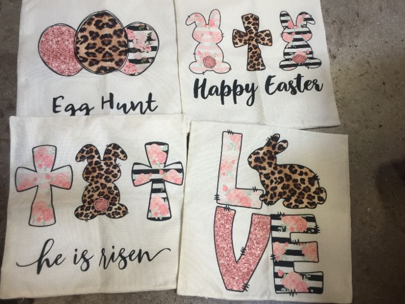 Photo 2 of 4TH Emotion Spring Easter Pillow Covers 18x18 Set of 4 Farmhouse Decor Decoration Cushion Case for Sofa Couch Polyester Linen(Happy Bunny, Love Rabbit, He is Risen, Egg Hunt)