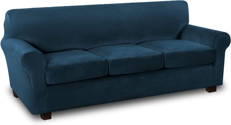 Photo 1 of 4-Piece Thick Velvet Stretch Sofa Covers for 3-Cushion Couch (Base Cover Plus 3 Large Cushion Covers) with Soft Stay-In-Place (3 Cushions: 96-116", Navy Blue)