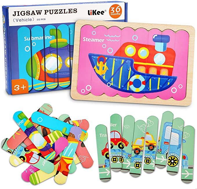 Photo 1 of LiKee Wooden Vehicle Puzzles with Sorting and Stacking Blocks Pattern, Montessori Educational Toys, Educational Toys for Boys and Girls Ages 3+ (32 Pieces and 8 Patterns)----factory sealed