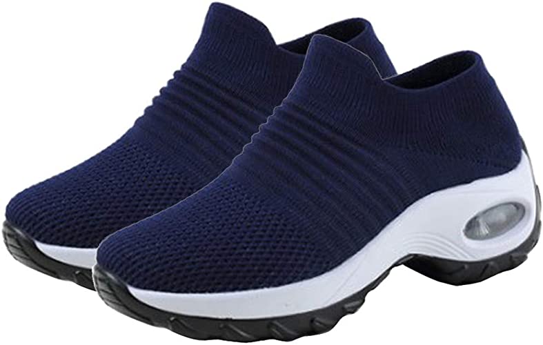 Photo 1 of Ezeerae Women's Platform Walking Shoes Fashion Slip On Socks Lightweight Breathable Mesh Athletic Casual Platform Shoes A-Blue Size 6