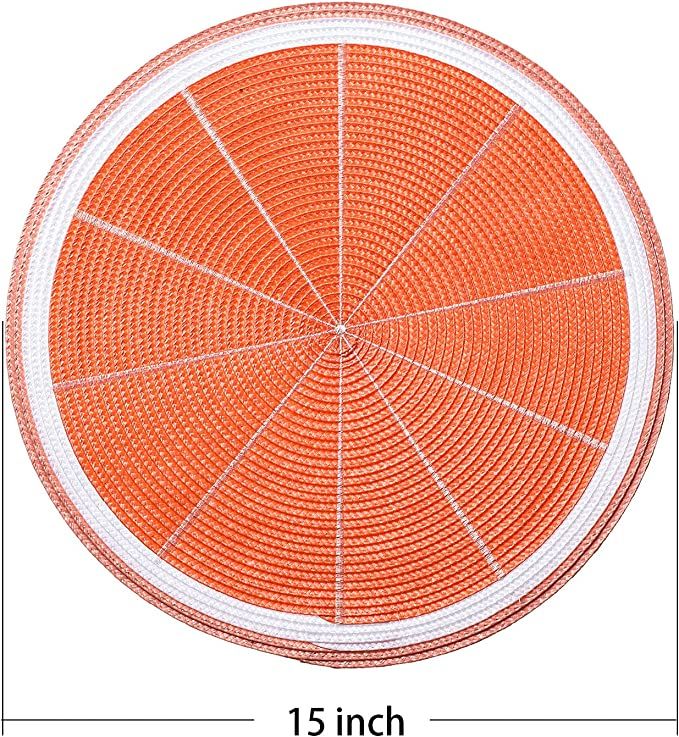 Photo 2 of AHHFSMEI Round Braided Placemats Set of 6 Table Mats for Dining Tables Non Slip Heat Resistant Washable Place Mats 15 Inch (Orange E)
