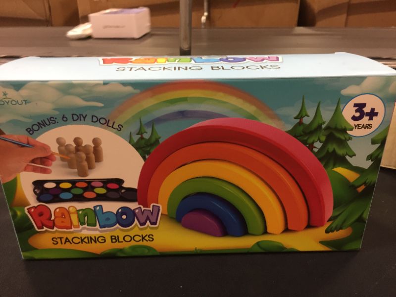 Photo 4 of Joyout Stacking Blocks Set for Kids, 6 Wooden Rainbow Puzzle Pieces, Plus 6 DIY Dolls, 12 Paints, Brush, Palette