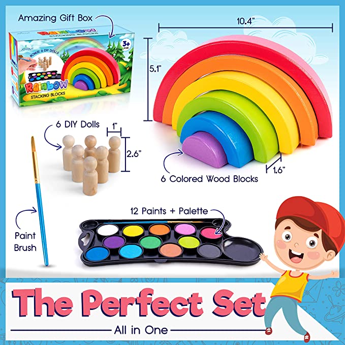 Photo 2 of Joyout Stacking Blocks Set for Kids, 6 Wooden Rainbow Puzzle Pieces, Plus 6 DIY Dolls, 12 Paints, Brush, Palette