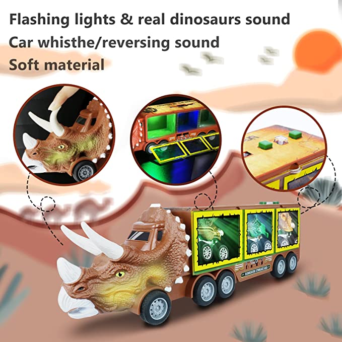 Photo 2 of Dinosaur Toy Truck for Kids Ages 3, 4, 5 and Up, 23 in 1 Dinosaur Toy Set for Kids Boys, Pull Back Cars, Truck Toy with Music and Roaring Sounds and Flashing Lights, Toys for boys and girls