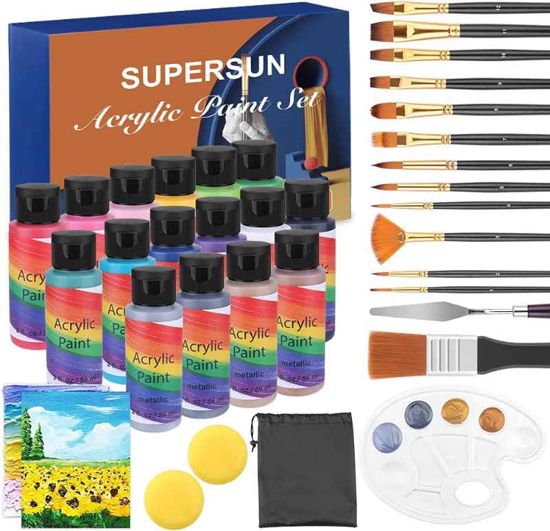 Photo 1 of SUPERSUN Acrylic Paints Set: 16 Colours Extra Large (60 ml, 2fl oz) Professional Grade Paints Kit for Canvas Wood Clay Fabric Ceramic & Crafts with 13 Paint Brushes 2 Canvas 2 Sponges 1 Palette Knife-----factory sealed