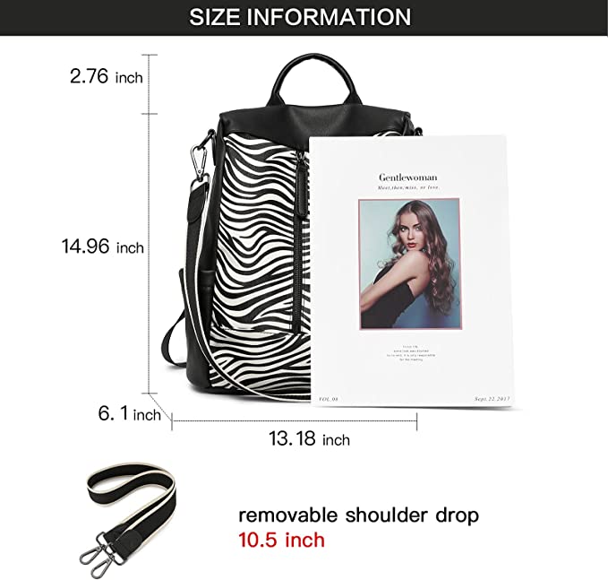 Photo 1 of BROMEN Anti-theft  Travel Backpack, Women's Fashion Crossbody Handbag, Zebra Pattern, Small: (L)12.01"x(H)12.99"x(W)5.51"---factory sealed