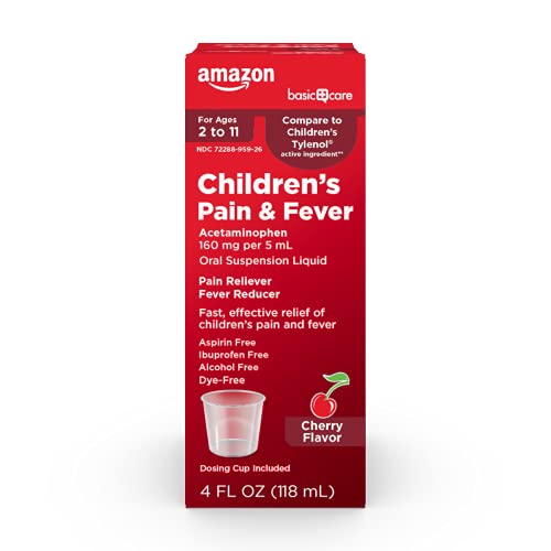 Photo 1 of Amazon Basic Care Children's Pain & Fever, Acetaminophen 160 mg per 5 mL Oral Suspension, Dye-Free, Cherry Flavor, Pain Reliever and Fever, 4 Fluid Ounces exp date10-2022---factory sealed