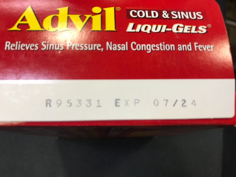Photo 2 of Advil Cold and Sinus Relief Liqui-Gels Liquid-Filled Capsules, Pain Reliever & Fever Reducer, 32 CT  exp date 07-2024---factory sealed