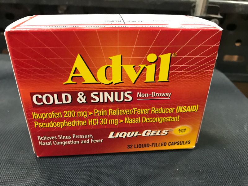 Photo 3 of Advil Cold and Sinus Relief Liqui-Gels Liquid-Filled Capsules, Pain Reliever & Fever Reducer, 32 CT  exp date 07-2024---factory sealed