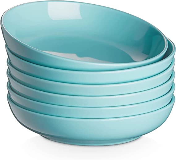 Photo 1 of DOWAN Pasta Bowls, 32-Ounce Soup Bowls, Large Salad Serving Bowls, Porcelain Pasta Plates and Bowls, Microwave Safe, Set of 6, Lake Blue