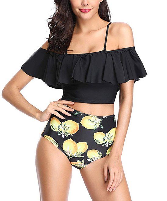 Photo 1 of Black Ruffle Tankini Top & Yellow Lemon High-Waist Bottoms - Women  Size M