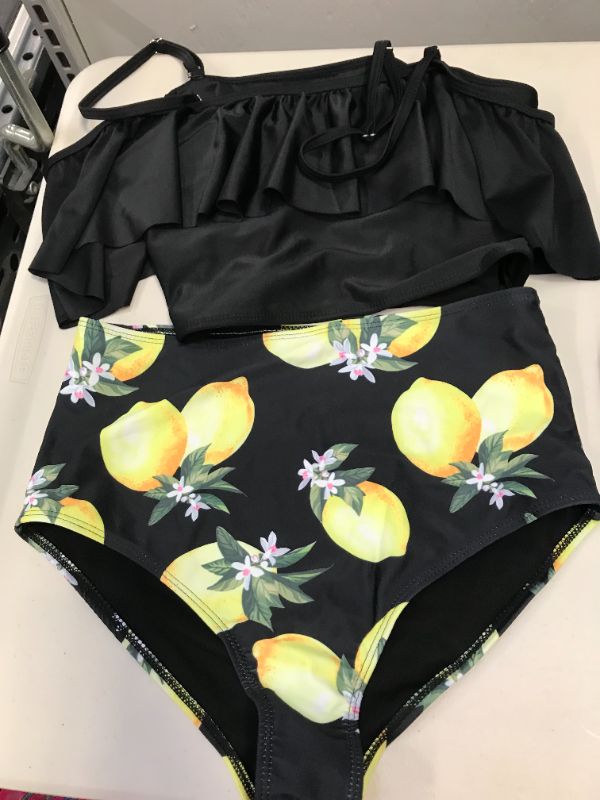 Photo 2 of Black Ruffle Tankini Top & Yellow Lemon High-Waist Bottoms - Women  Size M