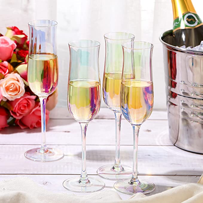 Photo 1 of Crystal Champagne Flutes - Tulip Modern Champagne Glasses Set of 4 for Home Bar Party Anniversary Wedding (Rainbow Color)
