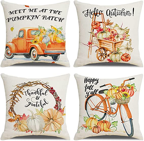 Photo 1 of ButyHome Fall Pillow Covers 18x18 Set of 4, Fall Decorations for Home Farmhouse Autumn Decor Pillowcase Linen Pumpkin Thanksgiving Truck Cushion Case for Sofa Couch Bedroom Car Decorate