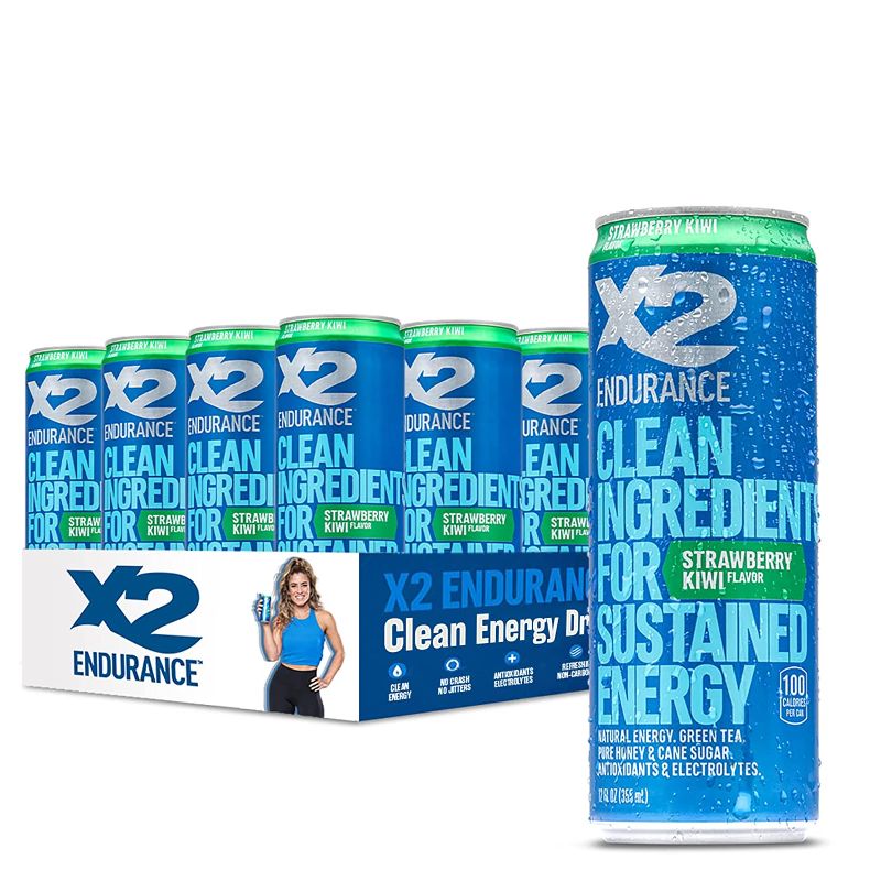 Photo 1 of X2 Clean Energy Drink - Sustained Energy for Sport & Fitness Endurance, Strawberry Kiwi, 12 Oz. Can (Pack of 12 cans) ---- exp date 08-22
