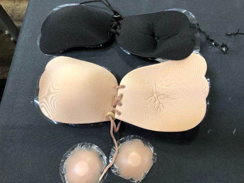 Photo 2 of Sticky Bra 2 Pairs Strapless Backless Bra Adhesive Invisible Lift up Bra Push up Bra for Backless Dress (Beige and Black) SIZE C