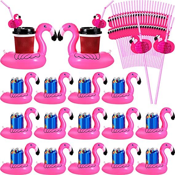 Photo 1 of 50 Pcs Flamingo Drink Floats Coaster, Inflatable Drink Holder, Drink Pool Floats Cup Holder, with 50 Pcs Flamingo Straws for Party Table Decor Birthday Wedding Tableware Decoration