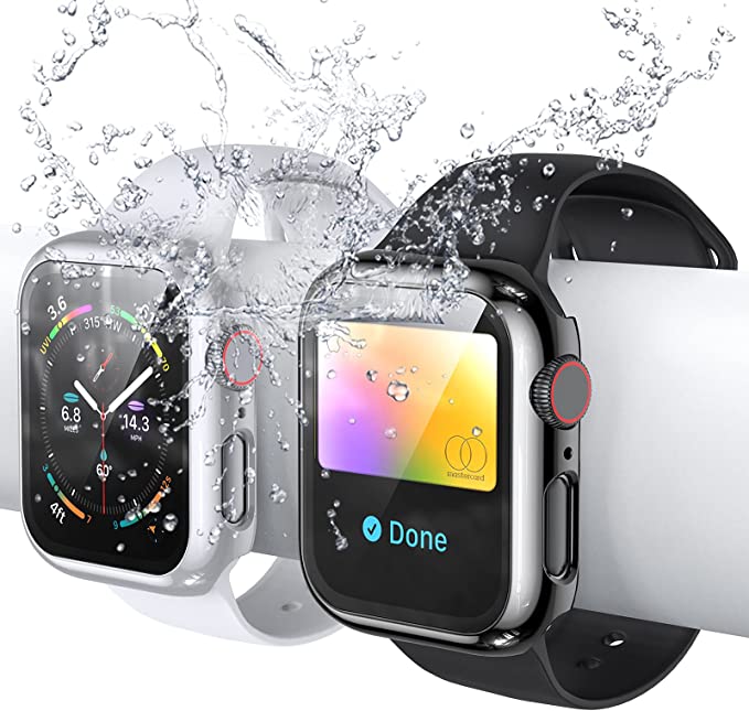 Photo 1 of [2 Packs] AISIBY IP68 Waterproof Case Compatible for Apple Watch Series 6/5/4/SE 40mm with Built-in Tempered Glass Screen Protector Full Coverage Hard HD(Black/Silver)