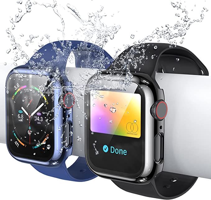Photo 1 of [2 Pack]AISIBY IP67 Waterproof Case Compatible for Apple Watch Series 6/5/4/SE 44mm with Built-in Tempered Glass Screen Protector Full Coverage Hard HD Clear Protective Film for Women Man(BLACK/BLUE)