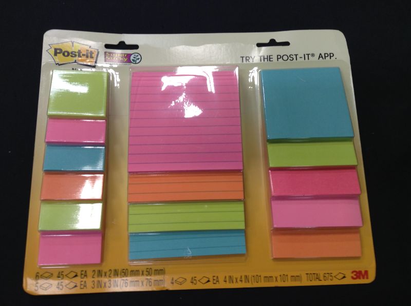 Photo 2 of Post-it Super Sticky Notes, Assorted Sizes, 15 Pads, 2x the Sticking Power, Miami Collection, Neon Colors (Orange, Pink, Blue, Green), Recyclable (4423-15SSMIA)