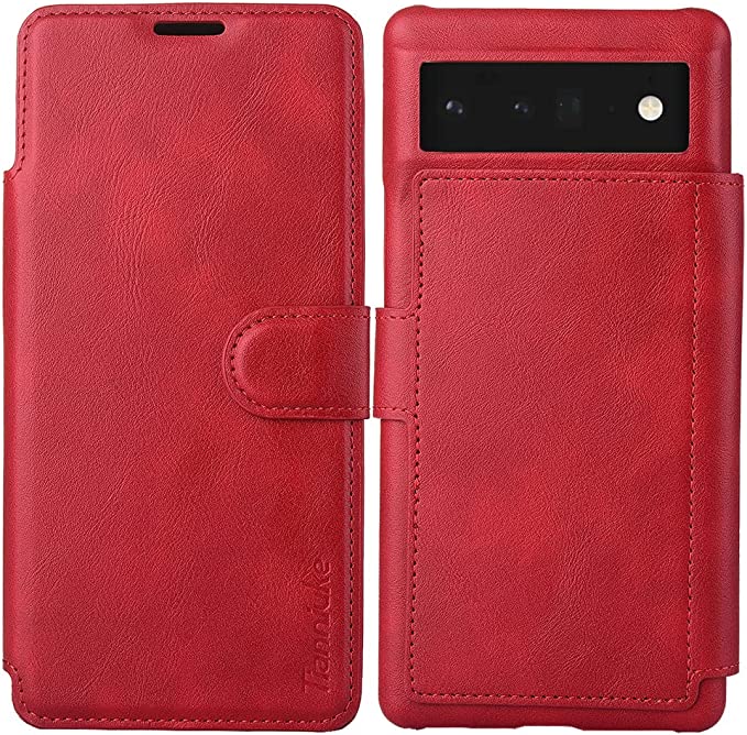 Photo 1 of TIANNIUKE for Google Pixel 6 Pro Case (2021), PU Leather Magnetic Cover RFID Blocking Card Slot for Pixel 6 Pro 5G (Red)