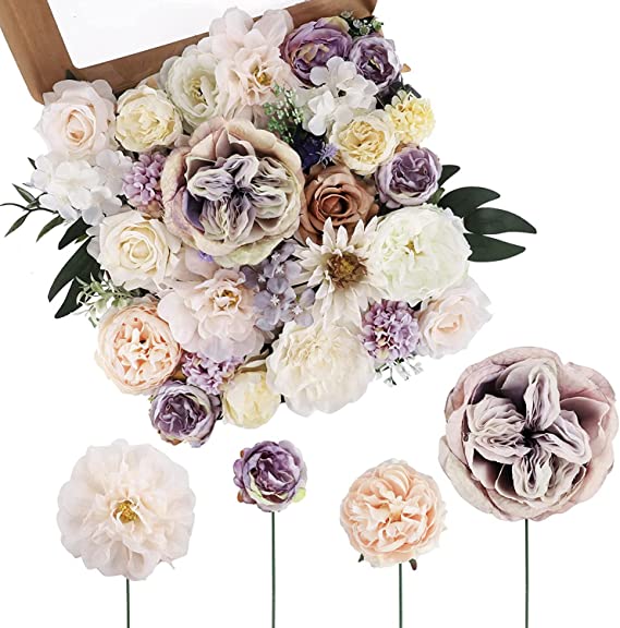 Photo 1 of Cocoboo Purple Artificial Flowers Combo Silk Mix Fake Flowers for DIY, Purple Flowers Bouquets Centerpieces Arrangements for Tables Party Baby Shower Home Decoration (White & Purple)