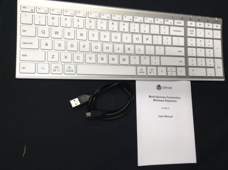 Photo 4 of iClever BK10 Bluetooth Keyboard, Multi Device Keyboard Rechargeable Bluetooth 5.1 with Number Pad Ergonomic Design Full Size Stable Connection Keyboard for iPad, iPhone, Mac, iOS, Android, Windows-----damage packaging 
