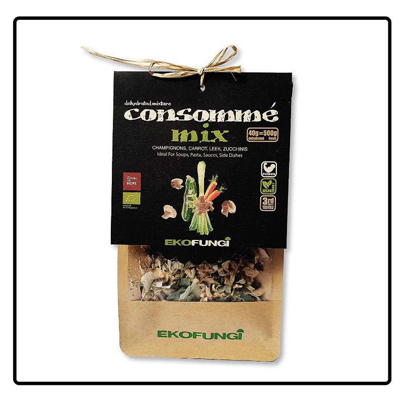 Photo 1 of 2 bags---exp date 05-04-2025   EF EKOFUNGI Consomme Mix Dehydrated Mushrooms and 3 Type of Vegetables 100% Organic Certified Air Dried Super Foods Non-GMO Vegan Friendly Gluten Free